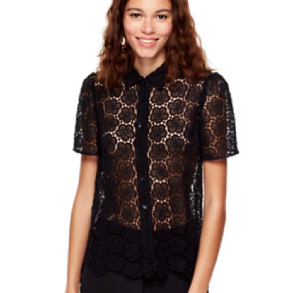 Kate Spade Bloom Flower Black Late Button Down Blouse Top Size Large